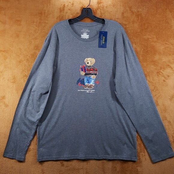 POLO RALPH LAUREN Shirt Mens Large Gray Pullover Crew Long Sleeve Polo Bear Logo - Picture 1 of 7